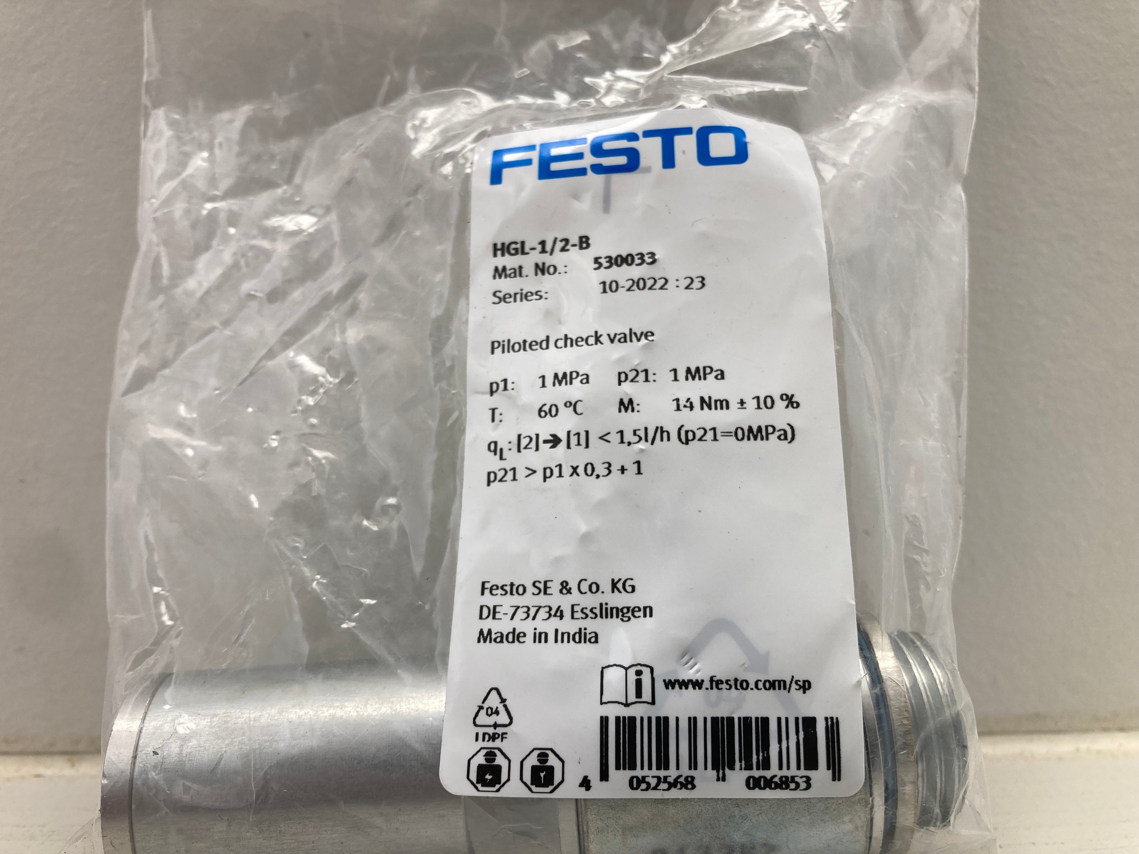 Festo HGL-1/2-B piloted check valve 530033 pneumatic control made in India
