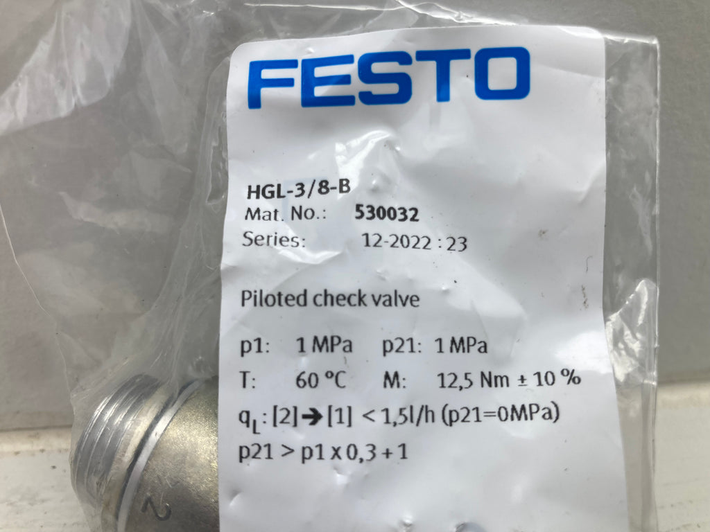 Festo HGL-3/8-B piloted check valve 530032 pneumatic control made in India
