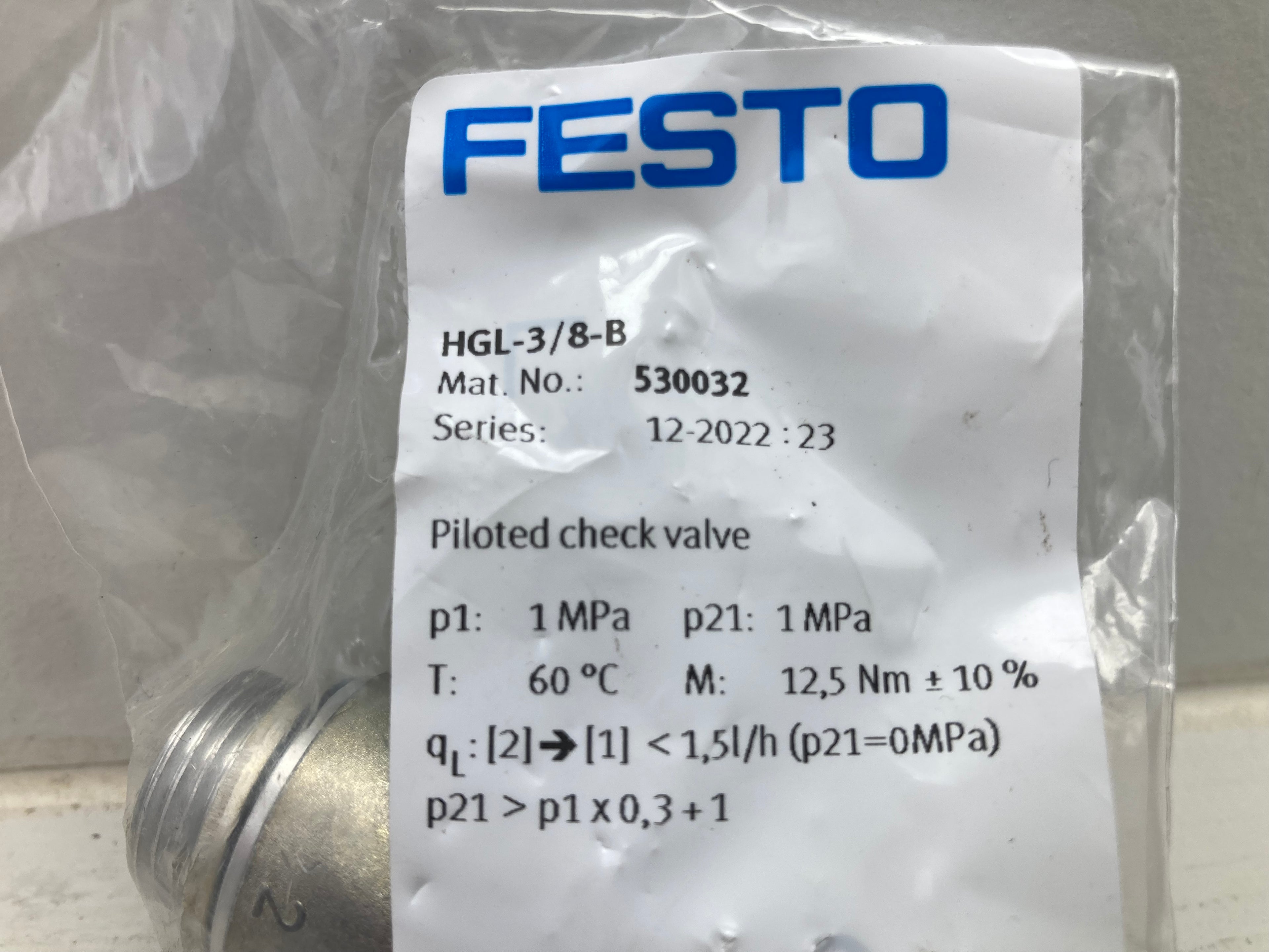 Festo HGL-3/8-B piloted check valve 530032 pneumatic control made in India
