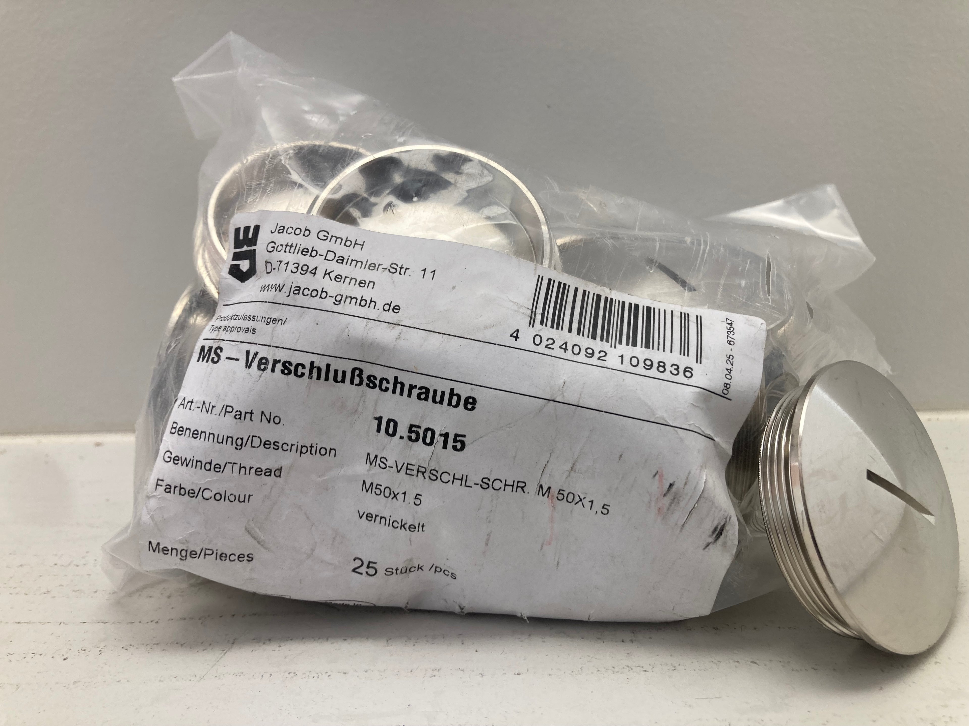 Jacob MS-Verschlußschraube M50x1,5 Vernickelt 10.5015 - 25 stk. nikkelbelagte forseglingspropper
