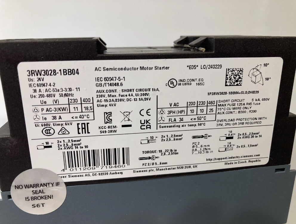 Siemens 3RW3028-1BB04 Sirius Soft Starter 200-480V 230/11 400/18.5KW. AC 24V