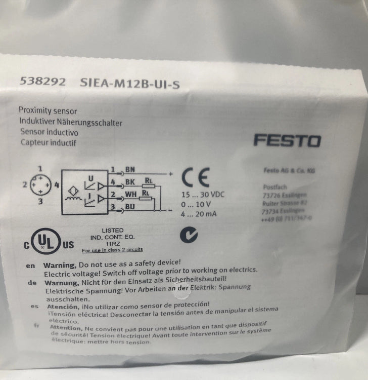 FESTO SIEA-M12B-UI-S 538292 Proximity Switch, SIM-M12-4WD-5-PU 164259 / 164259