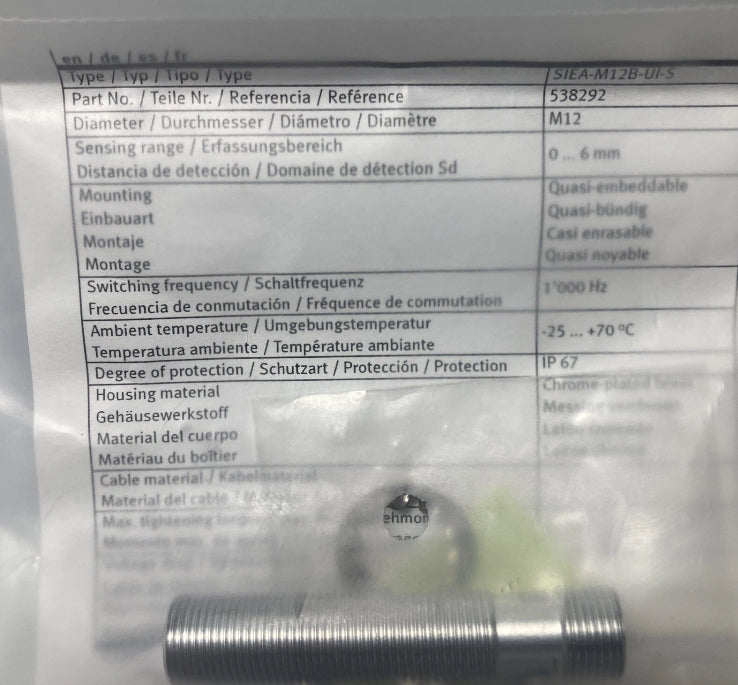 FESTO SIEA-M12B-UI-S 538292 Proximity Switch, SIM-M12-4WD-5-PU 164259 / 164259