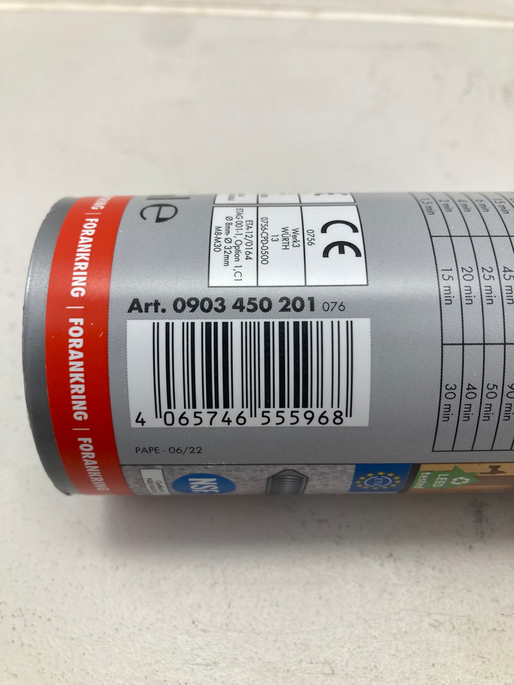 Würth WIT-VM 250 injektionsmørtel 300ml 2-komponent forankring beton murværk
